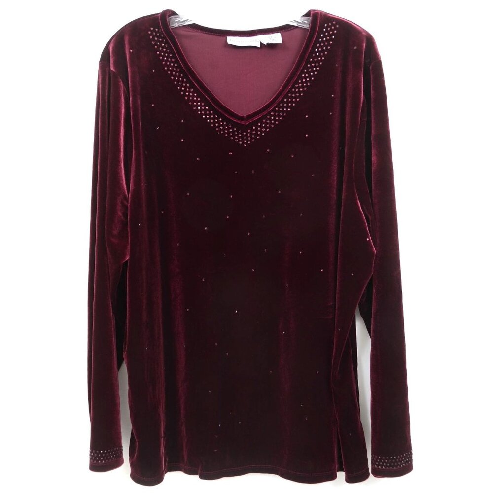 Jaclyn Smith Womens PLUS 2X Burgundy Velvet w/Rhinestones Top Blouse Holiday